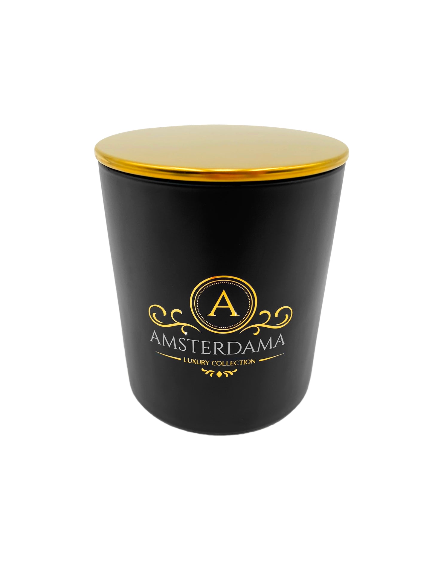 Amarig Soy Candle 10oz., gold lid, front side, white background