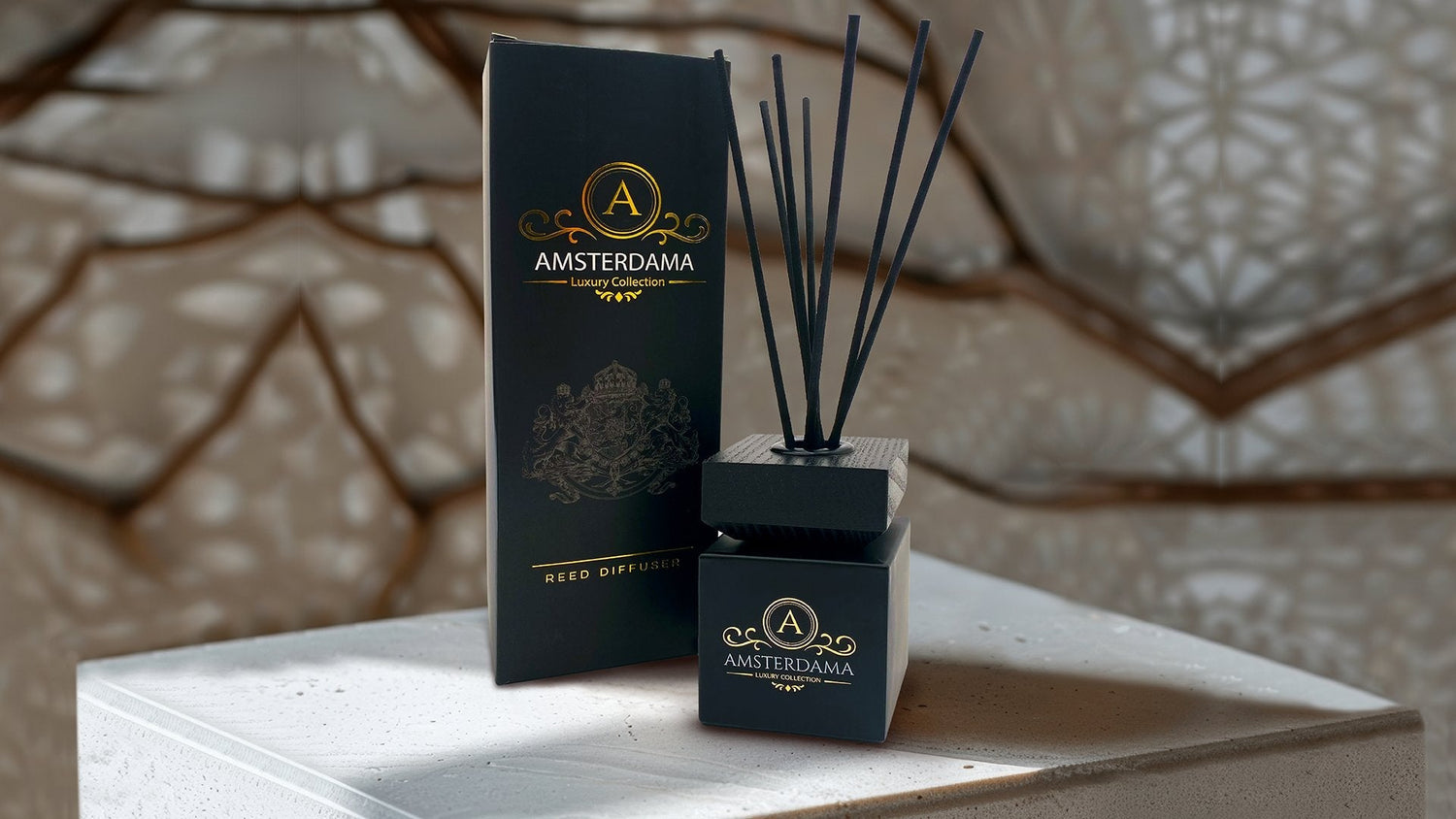 Luxury Reed Diffusers, front side, on white marble table